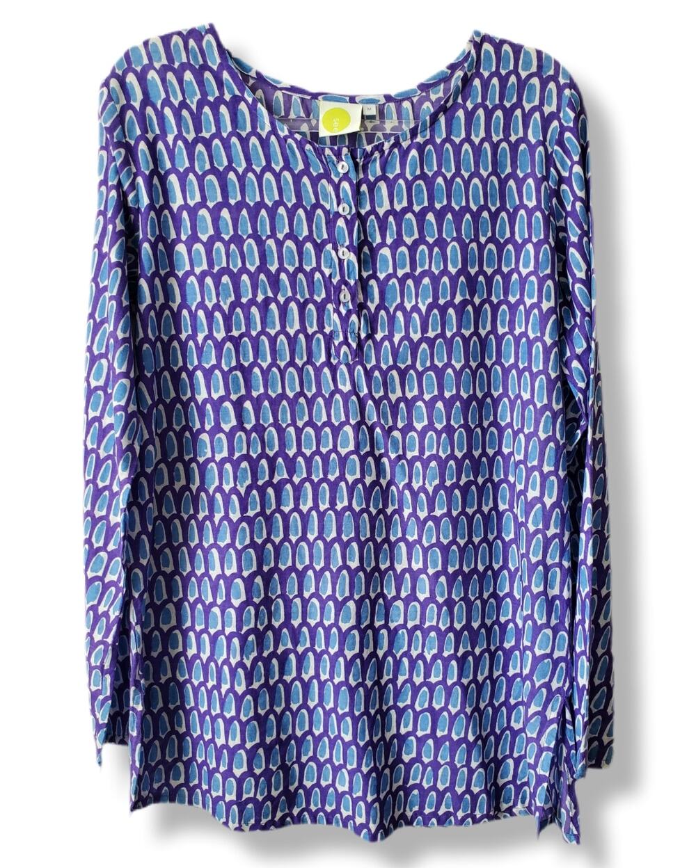 Women See Design Purple Cotton Cover Up Tunic Top L Boho Chic Artsy Beach NEW